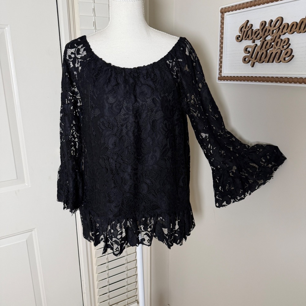 Jodifl Lace Blouse Medium Grunge Goth Black Bell Sleeve Floral Scallop Hem